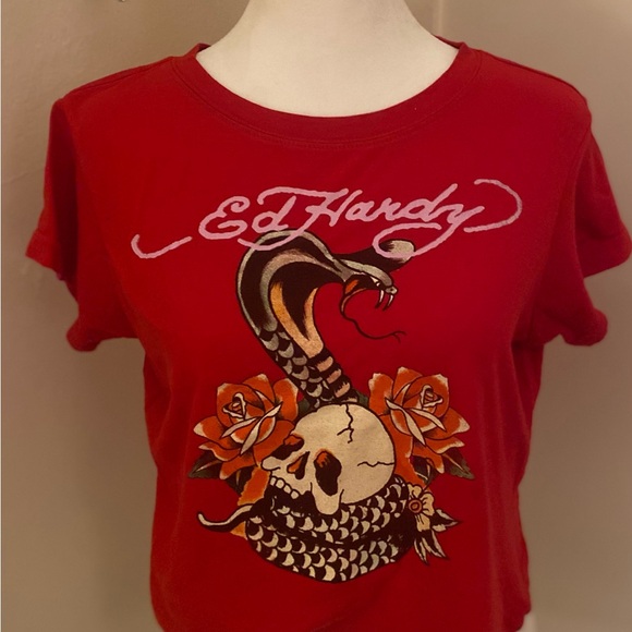 Ed Hardy Tops - Ed Hardy Women's Red  Cropped T Shirt 🌺